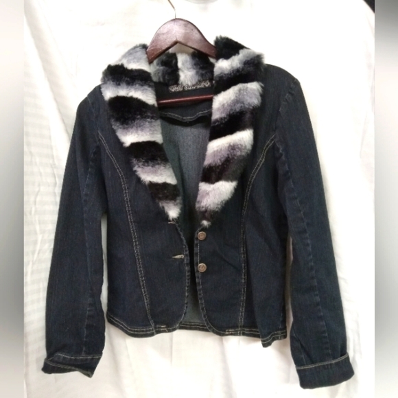 OLD SKOOL Blazer Jacket Jean Denim Black & White ,Fur Collared  Size M/36 - Picture 1 of 7